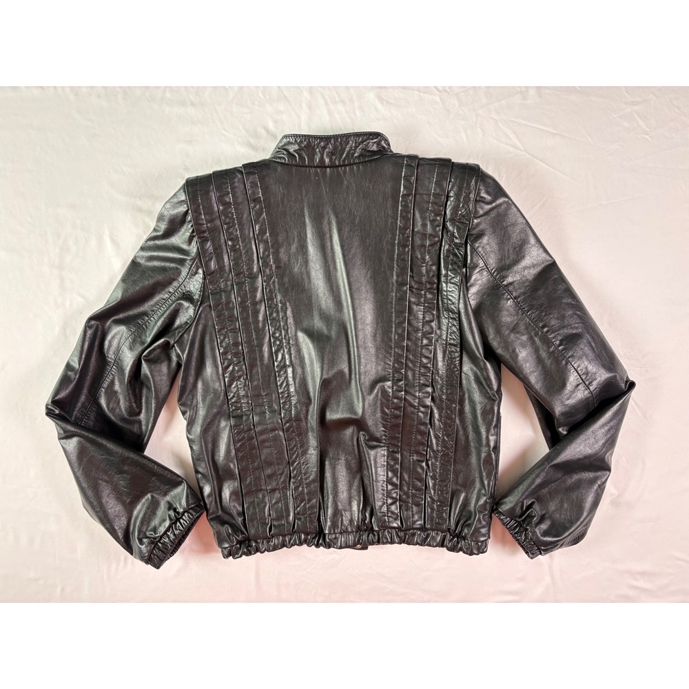 Vintage 80s Leather Bomber Jacket Women XS Black Pleated Moto Biker Powerful Zip - Picture 10 of 10